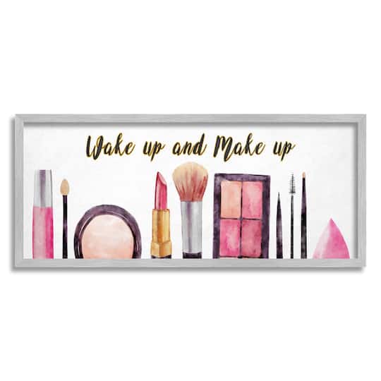 Stupell Industries Wake Up Make Up Watercolor Pink Grey Fashion Word Design Framed Wall Art